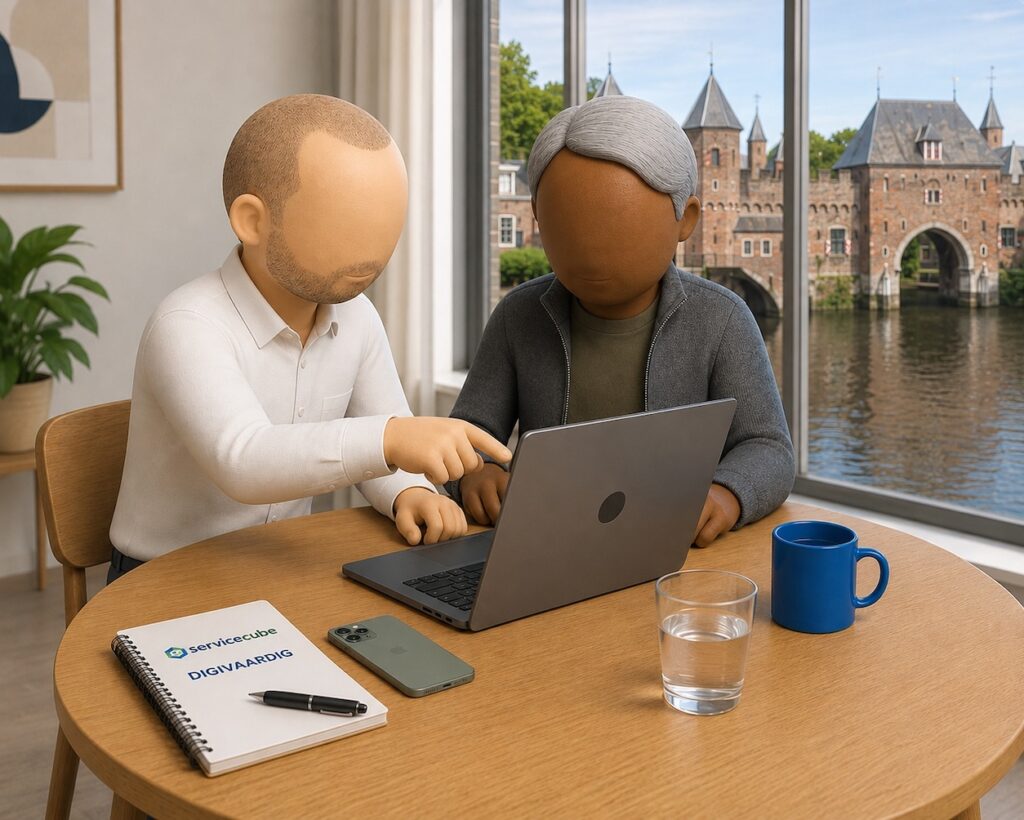 De digicoach instrueert een client op het gebied van digivaardigheid met uitzicht op de koppelpoort te amersfoort