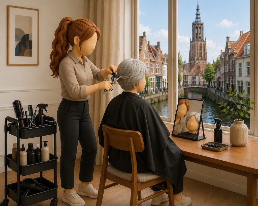 De first floor hairfashion haarstylist voert een kappersbejandeling uit met zicht op de amersfoortse onze lieve vrouwe toren in de volksmond ook wel lange jan genoemd