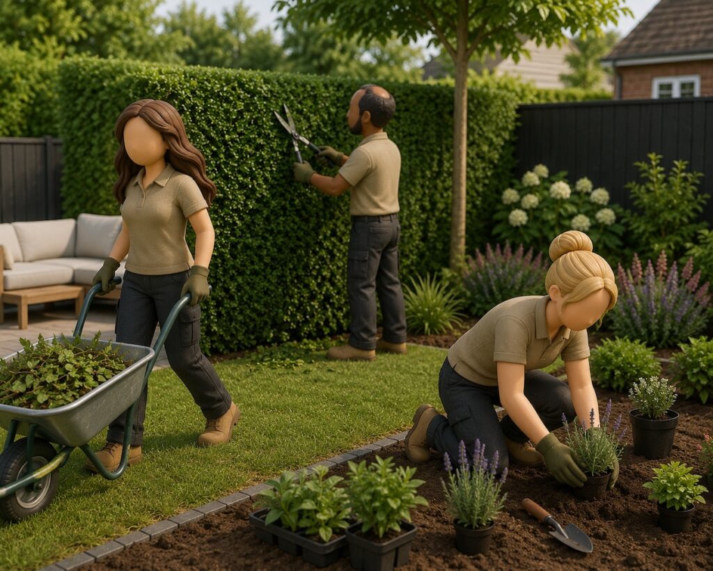 In de tuin is de tuinploeg bezig, één knipt de heg, één plant in de border en één brengt het tuinafval weg met de kruiwagen