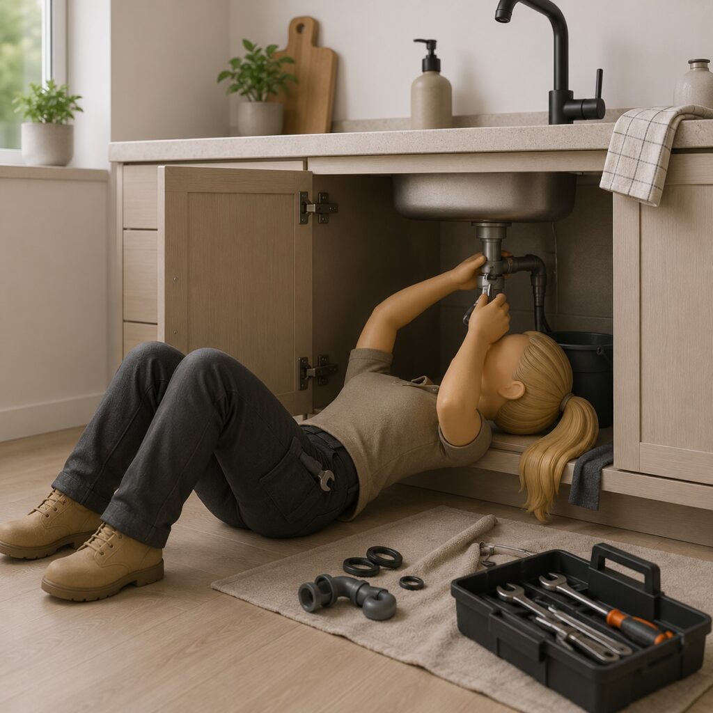 De servicecube loodgieter ligt op haar rug en repareert in een keukenkastje een wastafel sifon